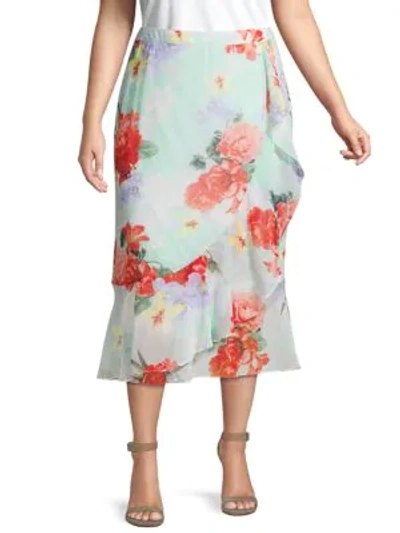 Calvin Klein Plus Floral Flounce Midi Skirt In Seas Multi