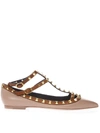 VALENTINO GARAVANI ROCKSTUD NUDE & CAMEL LEATHER BALLERINA SLIPPER,10953784