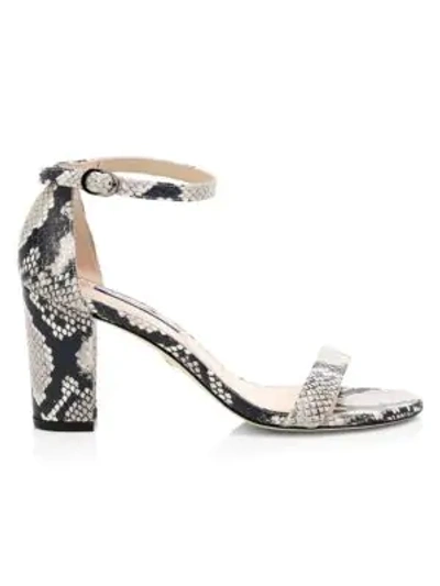 Stuart Weitzman Women's Nearlynude Block-heel Python-embossed Leather Sandals In Black And White Python Printed Leather