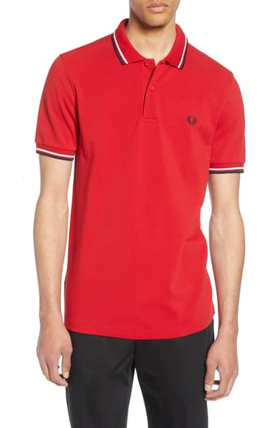 Fred Perry Twin Tipped Extra Slim Fit Pique Polo In Winter Red/ Snow White/ Navy