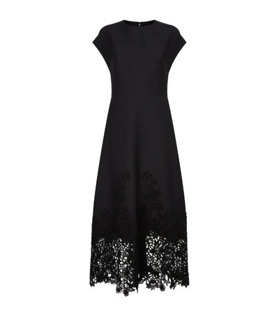 Valentino Short-sleeve Crepe Couture Macrame-hem Gown In Nero