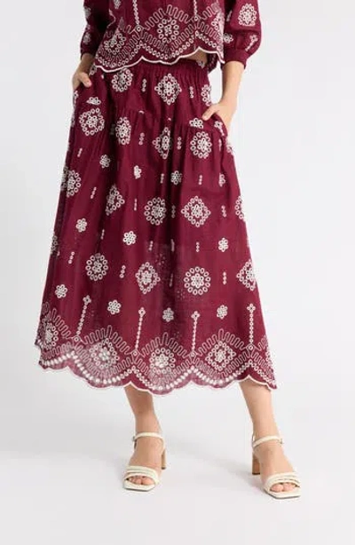 1901 Cotton Eyelet Midi Skirt In Burgundy Ivory Floral Eyelet