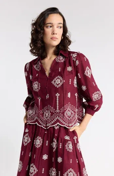 1901 Cotton Eyelet Popover Top In Burgundy Ivory Floral Eyelet
