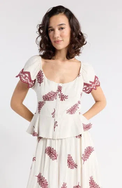 1901 Flutter Sleeve Peplum Top In Ivory Burgundy Embroidery