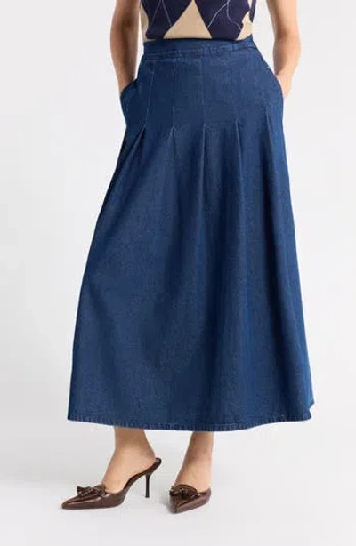 1901 Pleated Denim Midi Skirt In Medium Wash