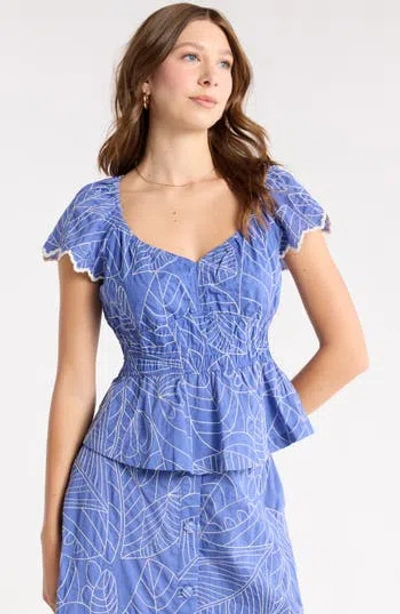 1901 Short Sleeve Smocked Waist Top In Blue