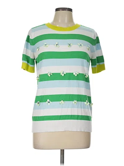 Pre-owned 1901 Short Sleeve Top Green Stripes Pattern Crew Neck Tops
