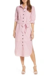 1901 Stripe Belted Shirtdress In Red- White