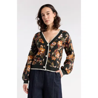 1901 V-neck Cardigan In Green Burgundy Luna Floral