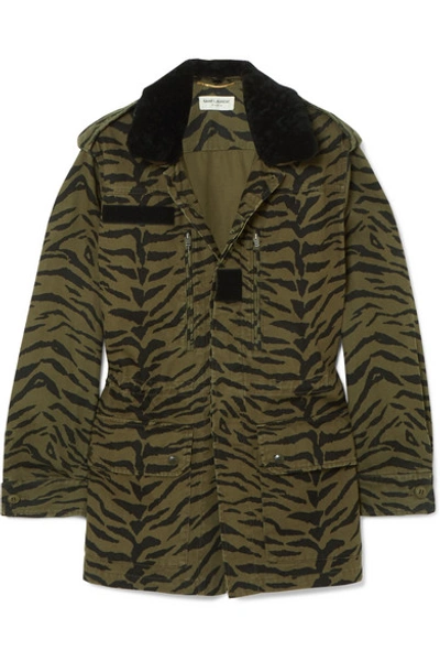 Saint Laurent Shearling-trimmed Zebra-print Cotton-blend Twill Jacket In Army Green