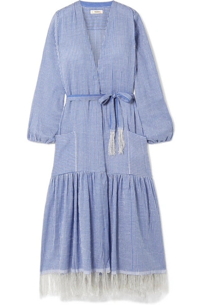 Lemlem + Net Sustain Zinab Fringed Metallic Striped Cotton-blend Voile Robe In Light Blue