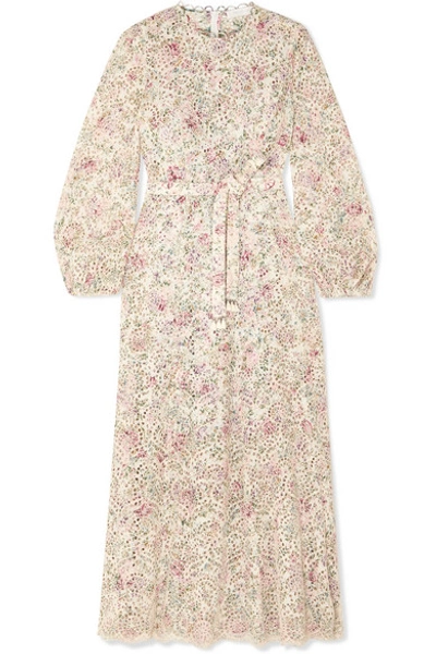 Zimmermann Honour Belted Floral-print Broderie Anglaise Cotton Midi Dress In Multicolour