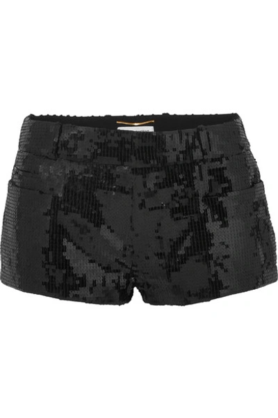 Saint Laurent Sequined Wool Shorts In Black