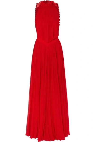 Givenchy Open-back Ruffled Plissé-silk Georgette Halterneck Gown In Red