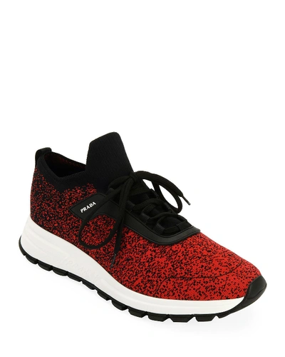 Prada Men's Degrade Knit Low-top Trainer In Nero/ Rosso