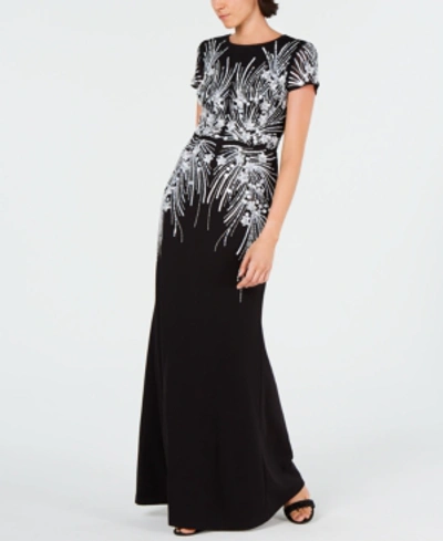 Adrianna Papell Embellished Mesh Gown In Black/ivory