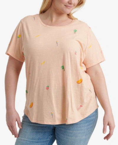 LUCKY BRAND PLUS SIZE BIRDS & FRUIT PRINTED T-SHIRT 