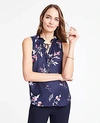 ANN TAYLOR PETITE FLORAL DOUBLE RUFFLE TIE NECK SHELL,506685