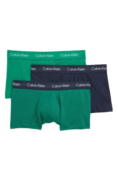 Calvin Klein 3-pack Stretch Cotton Low Rise Trunks In Tourney/ Stripe/ Indigo