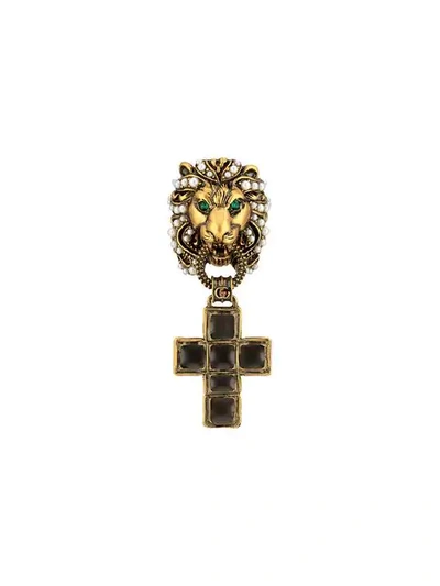 Gucci Lion Head Ring With Cross Pendant In 8489