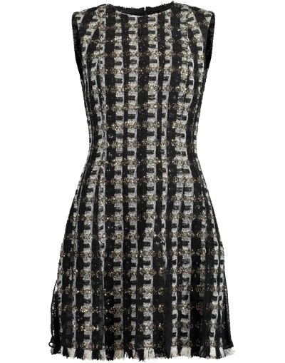 Oscar De La Renta Chiffon Panel Embellished Tweed Dress In Black