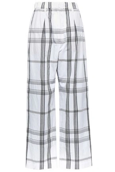 Brunello Cucinelli Woman Pleated Checked Stretch-cotton Wide-leg Pants Off-white