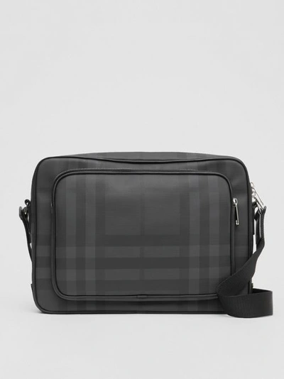 Burberry London Check And Leather Messenger Bag In Dark Charcoal