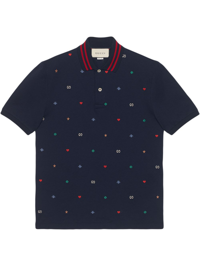 Gucci Navy Embroidered Piqué Cotton Polo Shirt In Blue