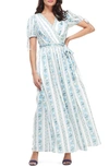Gal Meets Glam Collection Imogene Floral Stripe Wrap Maxi Dress In Ivory/ French Blue