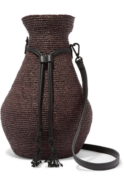 Albus Lumen + Helen Kaminski Figura Leather-trimmed Raffia Shoulder Bag In Dark Brown