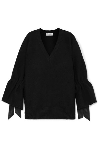 Valentino Oversized Satin-trimmed Wool Sweater In Black