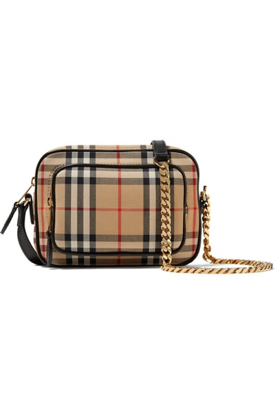 Burberry Leather-trimmed Checked Cotton-canvas Shoulder Bag In Beige