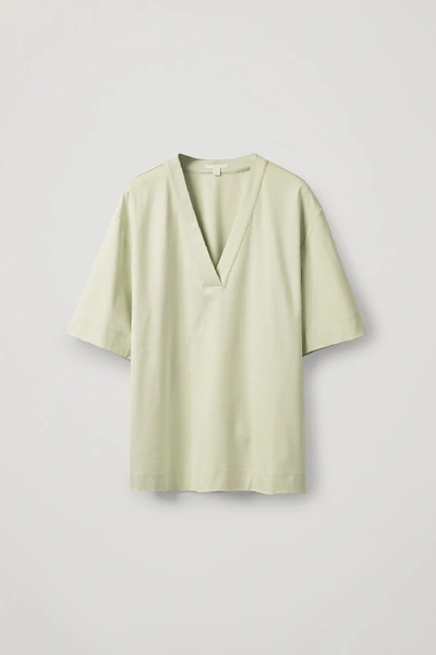 Cos Slit-neck Jersey Top In Green