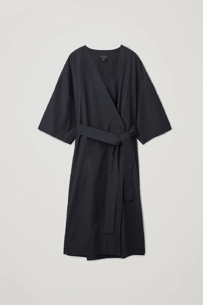 cos long sleeve wrap dress COS Black Wrap Long Mid Sleeve Midi Cotton Dress sz 4 Blend Womens Tie Bow