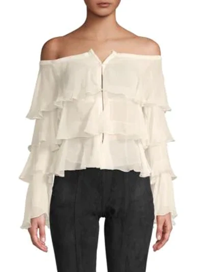 Balmain Off-the-shoulder Silk Tiered Ruffle Blouse In White
