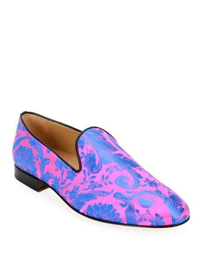 Versace Men's Silk Barocco Jacquard Slippers In Pink/blue