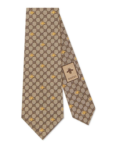 Gucci Gg Bees Silk Tie In Neutrals