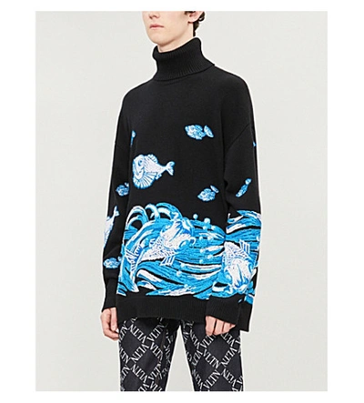 Valentino Fish-embroidered Wool And Cashmere-blend Jumper In Black Blue