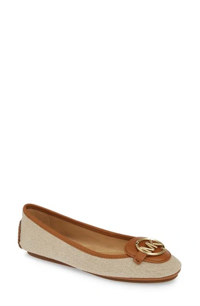 Michael Michael Kors Lillie Logo Ballet Flat In Beige Fabric/ Brown Leather