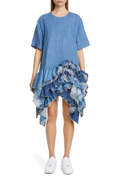Junya Watanabe Ruffle Tulle Hem Denim Dress In Light Indigo | ModeSens