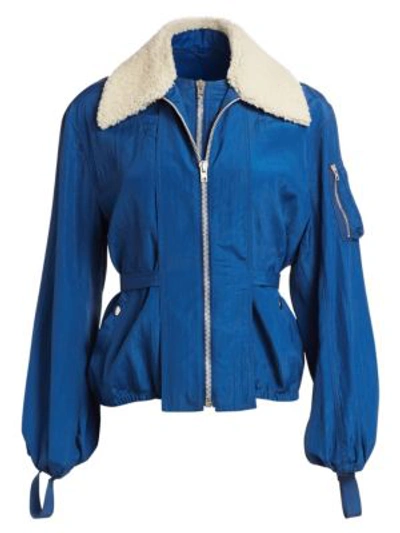 Helmut Lang Sheer Bomber Jacket With Removable Genuine Shearling Collar In Cobalt