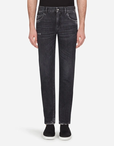 Dolce & Gabbana Dark Gray Washed Regular-fit Jeans In Black