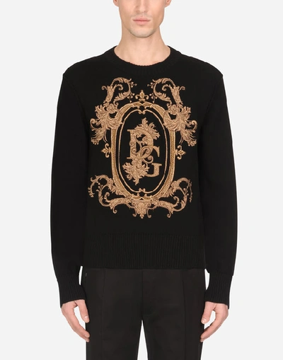 Dolce & Gabbana Round-neck Wool Sweater With Embroidery In Black