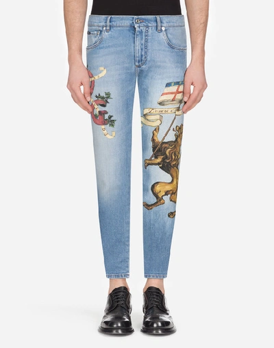 Dolce & Gabbana Skinny Stretch Jeans With Dg Print In Light Blue