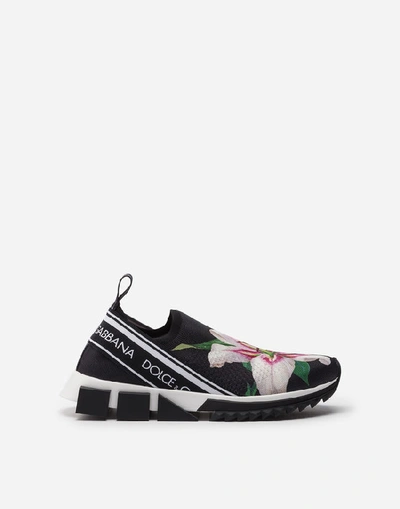 Dolce & Gabbana Stretch Jersey Sorrento Sneakers With Lily Print In Black
