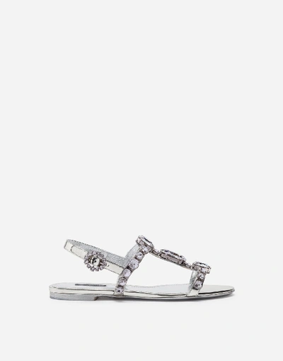 Dolce & Gabbana Mirrored Calfskin Sandals With Embroidery In Silver