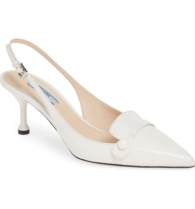 Prada Crocodile Embossed Slingback Pumps In White