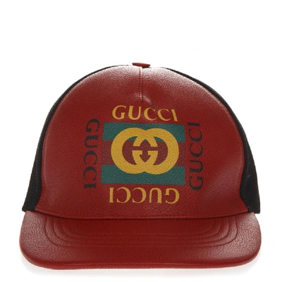 Gucci Logo Leather Baseball Cap In Red