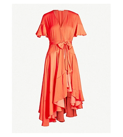 Maje Retta V-neck Short-sleeved Ruffled Crepe Wrap Dress In Coral