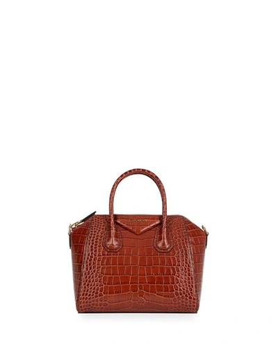 Givenchy Antigona Small Croc-embossed Satchel Bag In Brown